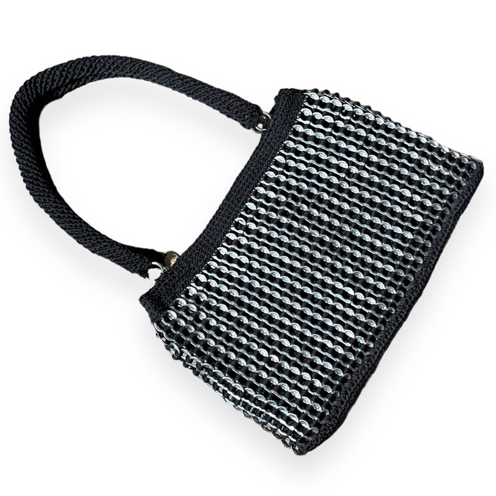 Crocheted Purse Recycled Soda Pop Tops Bag Upcycled Black and Silver Retro